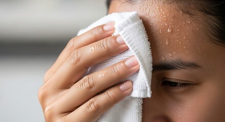 Young Woman Wiping Face with White Towel Close Up in Moisture Droplets