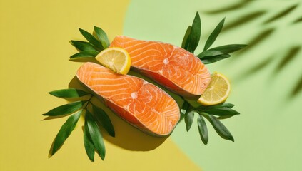 Two salmon fillets, skin-side down, arranged on a two-toned yellow-green background with lemon slices and tropical leaves; sunlight casts shadows