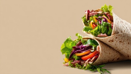 Two savory wraps filled with meat, lettuce, red cabbage, bell peppers, and tomato, are artfully arranged on a neutral background.  The wraps are partially unwrapped, showcasing the vibrant fillings