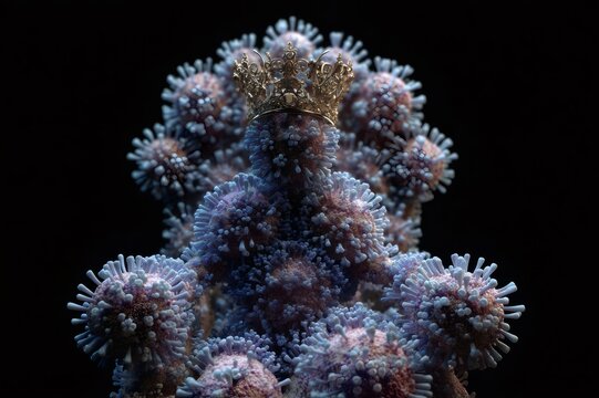 Coronavirus queen sitting on a throne composed of multiple virus cells, symbolizing the global pandemic and its widespread impact