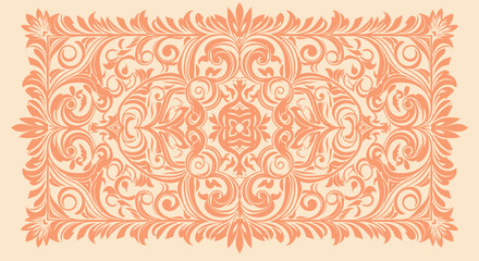 Symmetrical floral vector in peach hues, featuring swirling shapes and leafy details, on a neutral background