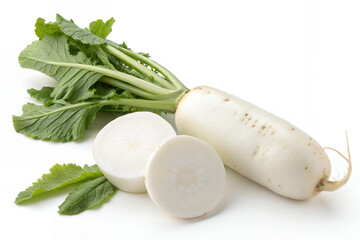 Fresh Radish Close-up:  A vibrant photograph showcasing a fresh, crisp radish, accompanied by its leafy greens, with a couple of slices, emphasizing the raw, natural beauty of the vegetable.