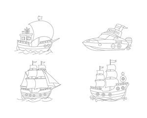 Collection of four hand drawn line art illustrations of different types of boats and ships sailing on water