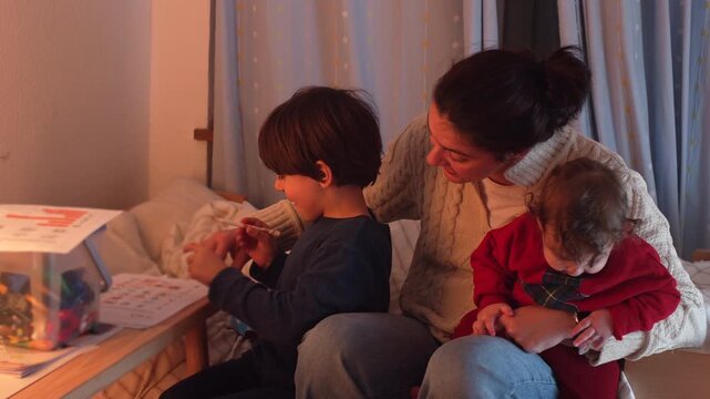 Mother with two children spending evening at home, toddler sitting on her lap while older sibling plays, parenting and bonding moment in cozy family setting