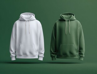 Two simple hoodies, one white and one olive green, are presented against a deep green background, appearing to float slightly above the surface.  They have drawstring hoods and kangaroo pockets