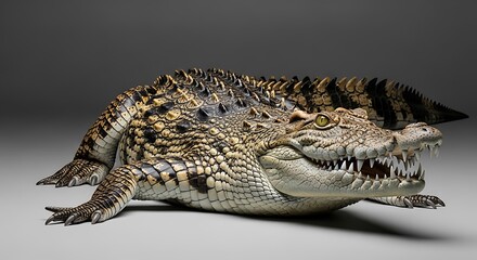 Obraz premium A detailed, -shot image of a large crocodile, showcasing its intricate scales and formidable teeth.