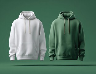 Two simple hoodies, one white and one sage green,  float against a deep green backdrop.  They feature drawstring hoods and kangaroo pockets.  Minimalist product shot