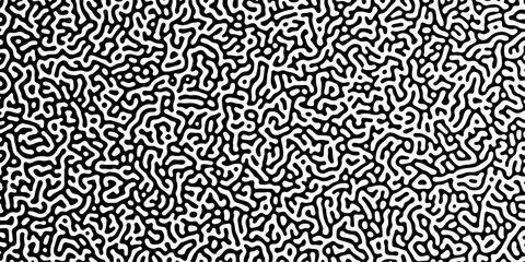 Abstract Turing organic wallpaper with background. Turing reaction diffusion monochrome seamless pattern with chaotic motion. Linear design with biological shapes. Reaction-diffusion or truing pattern