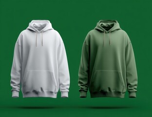 Two simple hoodies, one white, one olive green, shown against a solid green background, floating slightly above a shadow.  Both have drawstring hoods and kangaroo pockets