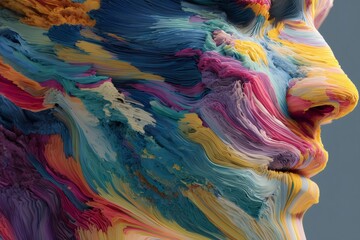 Human face profile sculpted from numerous colorful abstract strands, embodying creativity, technology, and artistic expression