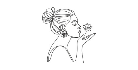 Elegant line art of woman blowing flower for beauty and wellness