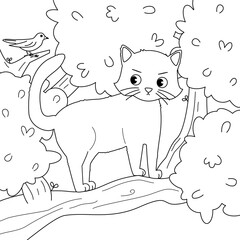 cute hand drawn black and white cartoon character cat and bird on the tree funny vector illustration for coloring art