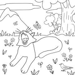 cute hand drawn black and white cartoon character cat in the meadow with trees, daisy flowers, bird and flying butterflies peaceful landscape vector illustration for coloring art