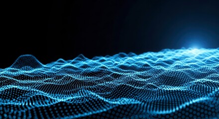 Abstract blue digital particle wave and light background with data flow isolated on black background