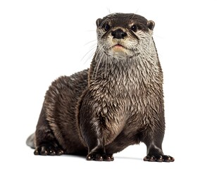 Close-up of an otter, front view, against white background
