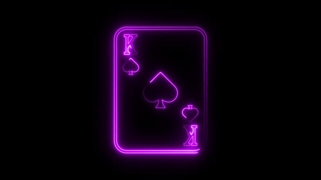Neon King of Spades playing card glowing purple outline on black background abstract casino