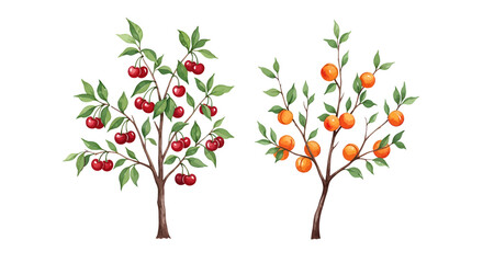 Obraz premium Vibrant watercolor painting of cherry tree and orange tree.