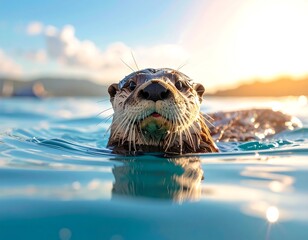 Close-up of an otter swimming in clear water, sunrise backdrop