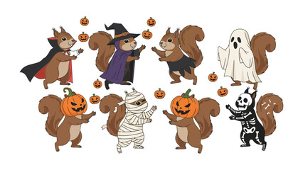 Fototapeta premium Whimsical Halloween Squirrels: A collection of charming illustrations features playful squirrels in an array of Halloween costumes, amidst floating pumpkins, radiating fun and festive spirit.