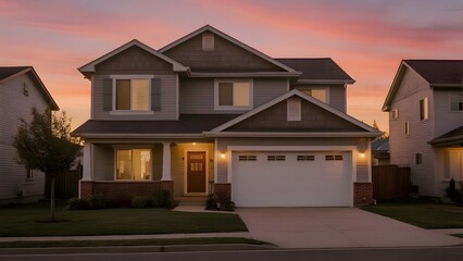 Cozy Two-Story Home at Dusk Residential Property with Garage and Warm Exterior Lighting