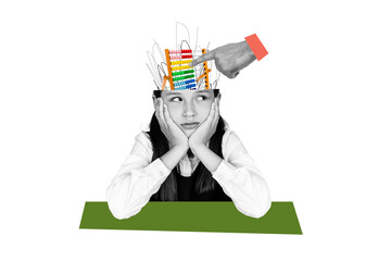Composite photo collage of bored schoolgirl cut head abacus supply math lesson school education...