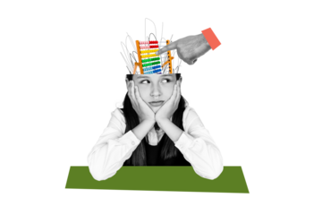 Composite photo collage of bored schoolgirl cut head abacus supply math lesson school education study isolated on painted background