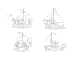 Whimsical hand drawn sketch of four sailing ships with happy people on deck enjoying a sunny day at sea