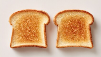 Two slices of golden-brown toasted bread, evenly browned, lie side-by-side on a bright white background; slightly textured surface shows light toasting