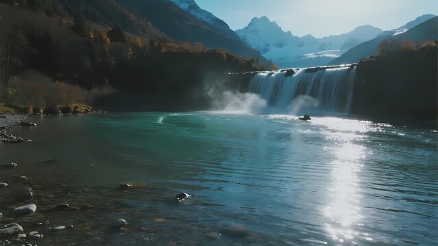 A serene mountain waterfall cascades into a clear turquoise river surrounded by autumn foliage and snow-capped peaks.