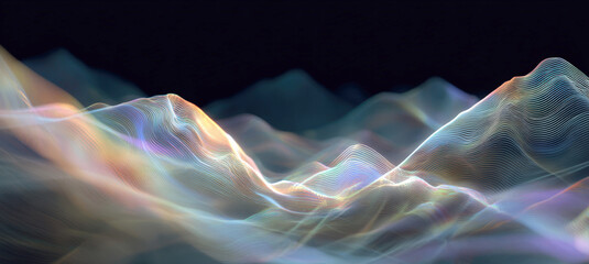 Abstract holographic digital landscape of undulating sound waves or mountain terrain, composed of vibrant colorful particles with a glitch effect, creating a beautiful futuristic visualization of data