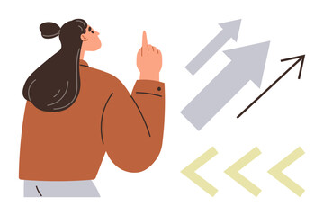 Woman raising index finger with dynamic arrows symbolizing growth, progress, and navigation. Ideal for business, motivation, leadership, innovation, direction strategy personal growth. Simple flat
