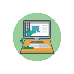 Flat design illustration of a computer setup with a monitor, keyboard, and desk lamp on a green circular background isolated on transparent background