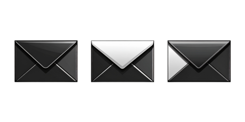 Set of three black-and-white envelope icons with varied flap designs—horizontal, curved, and triangular—isolated on white background, ideal for UI/UX, communication, and stationery themes