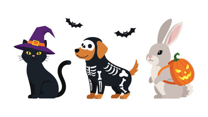 Halloween Trio of Costumed Pets: A whimsical collection of pets dressed in Halloween costumes, including a cat in a witch hat, a dog in a skeleton suit, and a rabbit carrying a pumpkin bag.