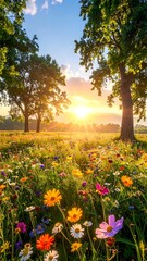Colorful meadow at sunrise. Lush flowers and trees under a golden sky