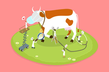 3D Isometric Flat Vector Illustration of Livestock Protection, Cow With Protective Face Mask