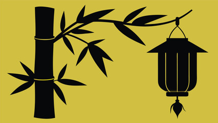 Silhouette of Bamboo Stalk with Leaves and Hanging Lantern on Yellow Background