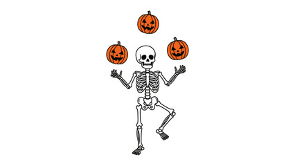 Halloween Skeleton Juggling Pumpkins: A skeletal figure with a smiling face, skillfully juggling three carved pumpkins, celebrating the spooky season in a whimsical illustration. 
