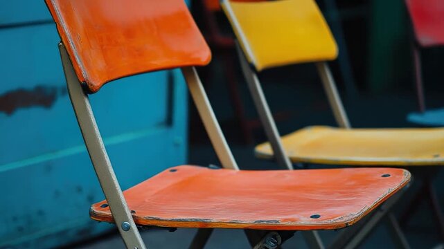 A row of colorful chairs in various shades of orange and yellow, sitting side by side
