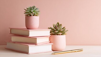 Two small succulents in pink pots sit atop a stack of pink books, next to a gold pen on a light wood surface against a pale pink background