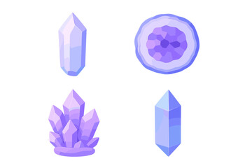Vibrant stylized purple and blue crystal gems and mineral formations for spiritual and decorative themes