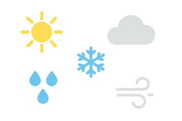 Diverse set of meteorological icons depicting various atmospheric conditions like sun, cloud, rain, snow, and wind