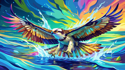 Depict the osprey diving toward shimmering waters, impressionist hues blending realism, wings alive with color, energy, freedom, precision, beauty, power, determination, and artistry.