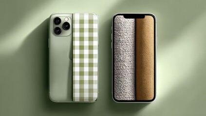 Two smartphones, one in a sage green gingham case with a side grip, the other displaying beige and off-white fabric textures; both rest on a muted green backdrop under soft light