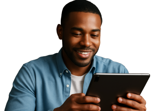Man smiling while interacting with a tablet device, realistic photo style on white background, concept of digital lifestyle and tech usage, Ai generative - Powered by Adobe