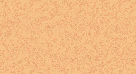 Peach hued pattern of intertwining leaves, flowers and vines