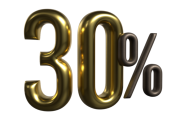 Golden 3D “30%” Discount Sign on Transparent Background - Luxury Metallic 30 Percent Symbol with Glossy Finish