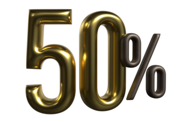 Golden 3D “50%” Discount Sign on Transparent Background - Luxury Metallic 50 Percent Symbol with Glossy Finish