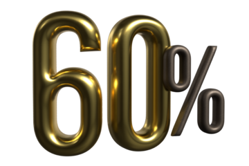 Golden 3D “60%” Discount Sign on Transparent Background - Luxury Metallic 60 Percent Symbol with Glossy Finish