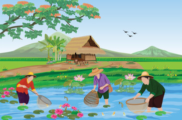 Rural villagers are fishing in the pond.vector design
